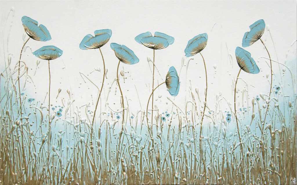 Flores azules sobre hierba — diseño completo