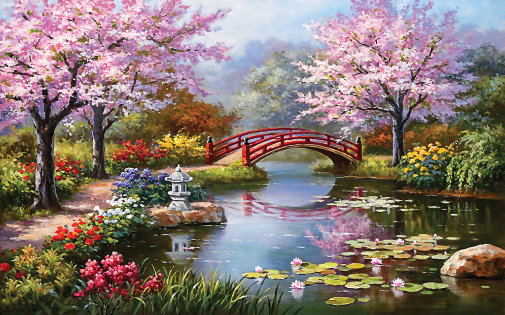 Puente rojo entre flores — diseño completo