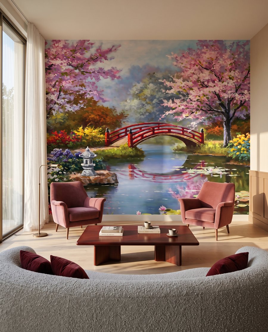 Puente rojo entre flores — interior 3