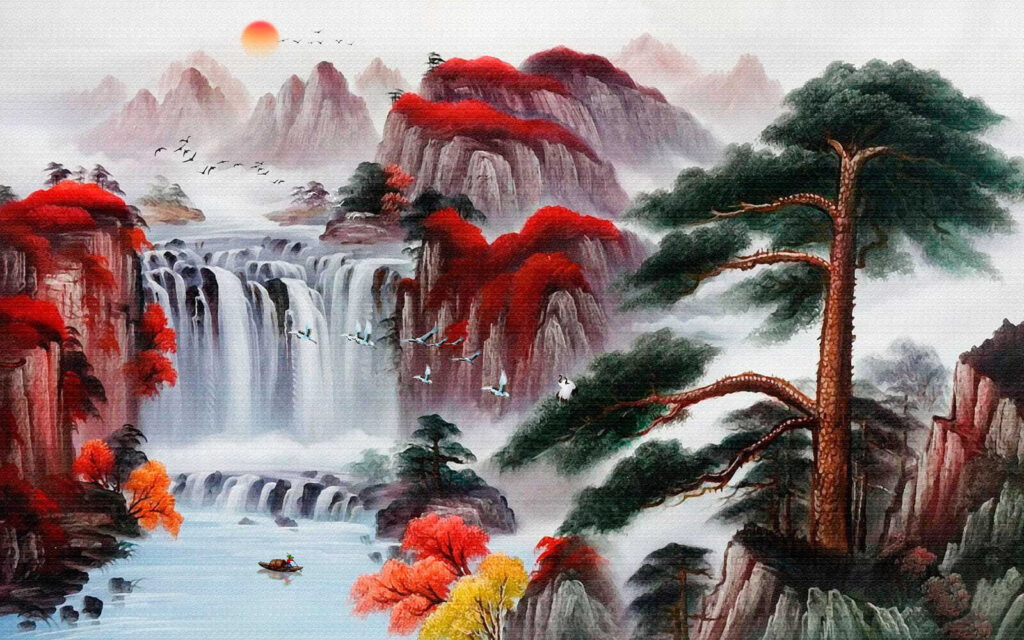 Cascada entre rocas rojas — diseño completo