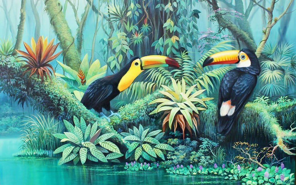 Tucanes junto al agua — diseño completo