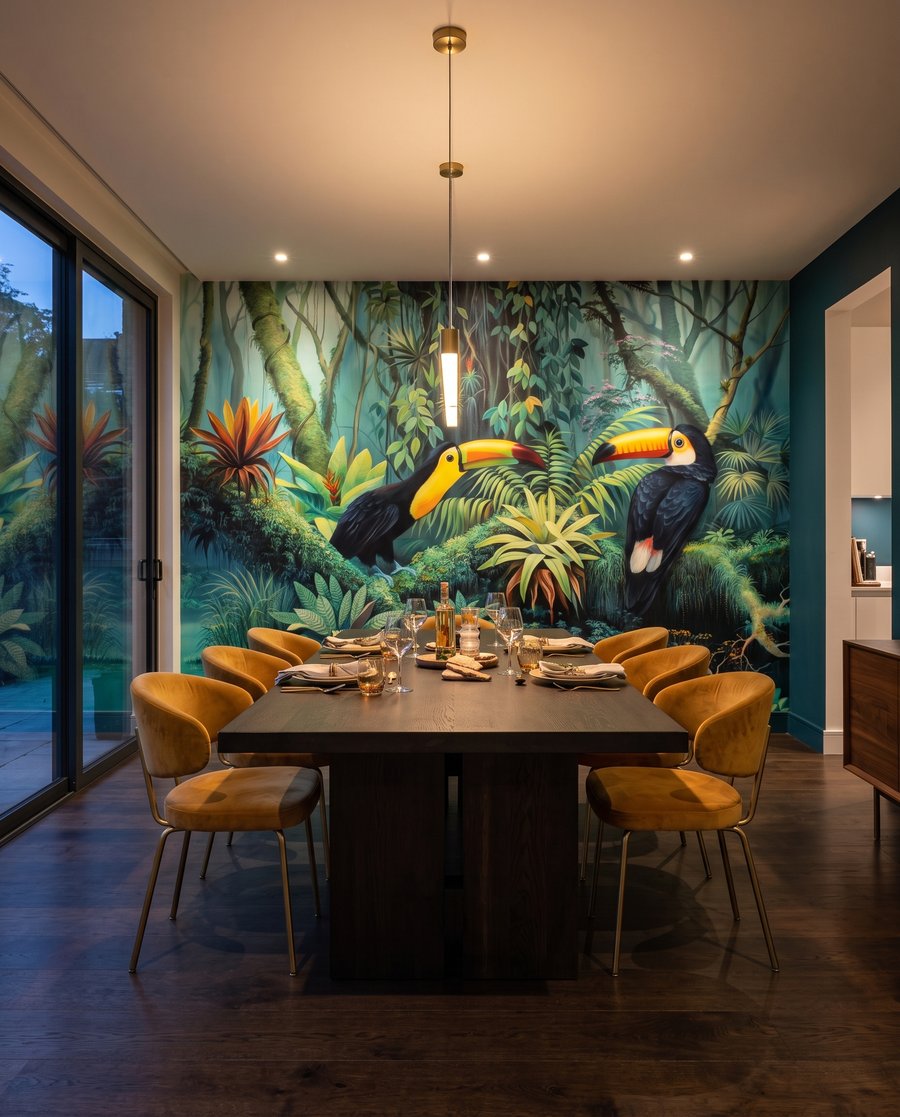 Tucanes junto al agua en un interior