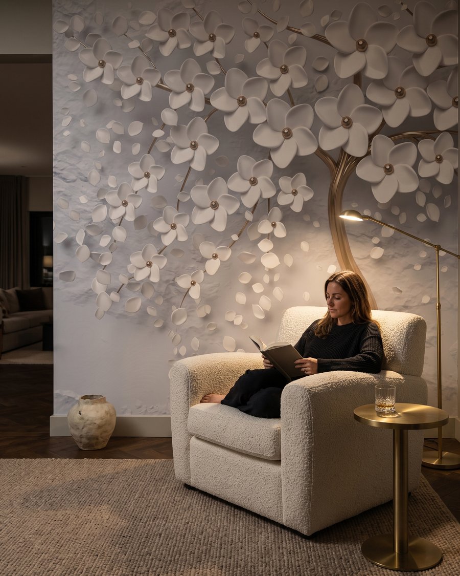 Árbol de tronco dorado en un interior