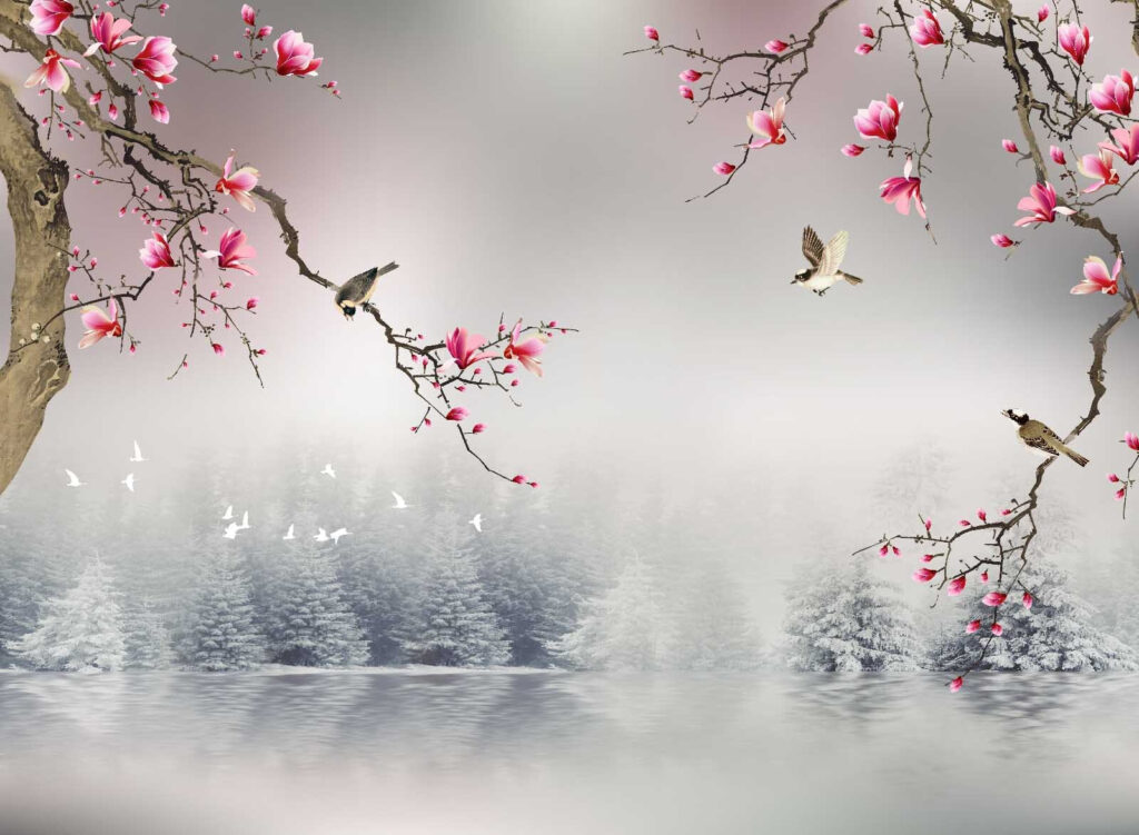 Aves entre flores rosas — diseño completo