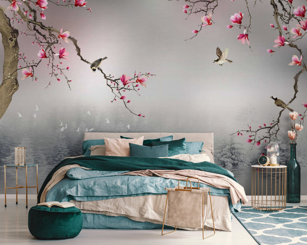 Aves entre flores rosas — interior 1