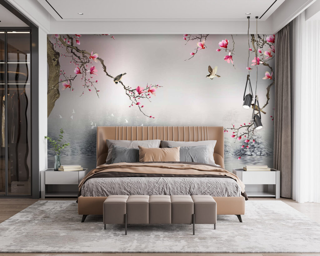 Aves entre flores rosas — interior 2