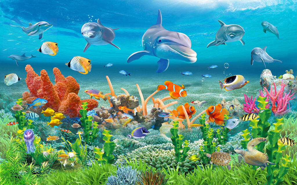Delfines sobre el coral — diseño completo
