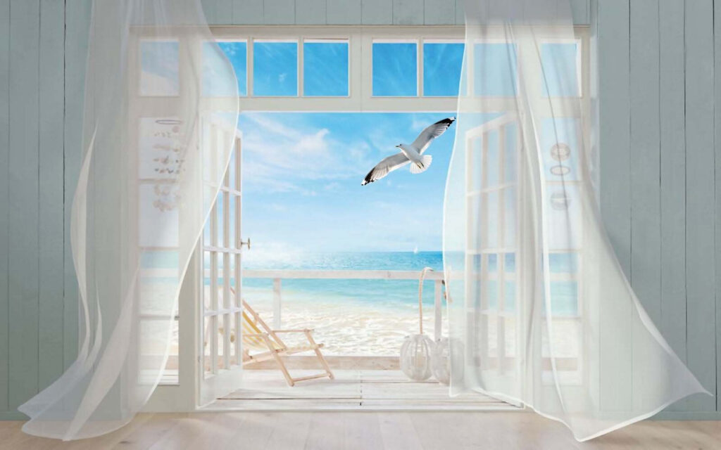 Cortinas y mar azul — diseño completo