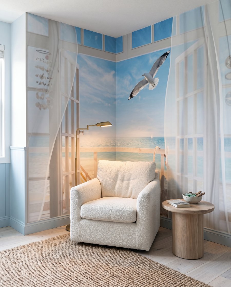 Cortinas y mar azul — interior 2