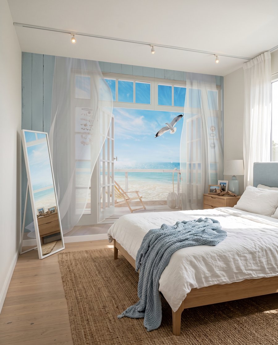 Cortinas y mar azul — interior 3