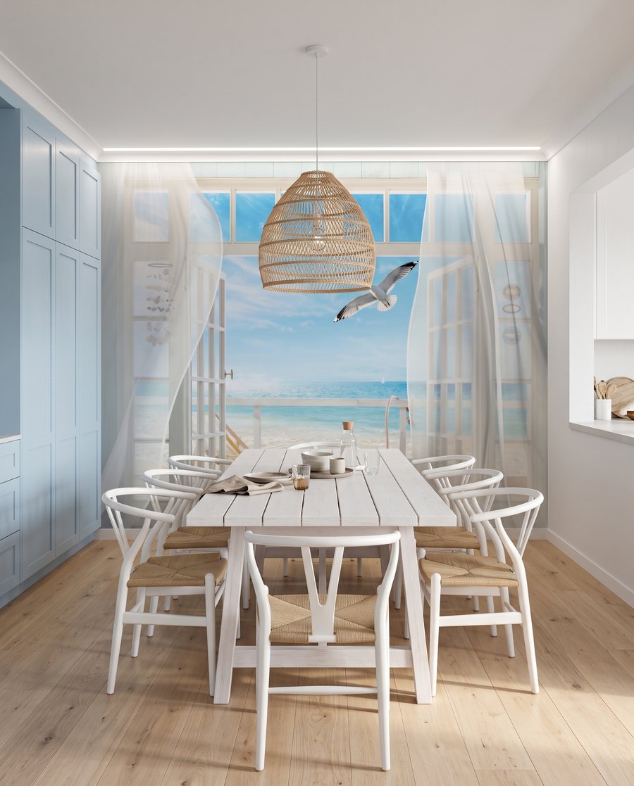 Cortinas y mar azul — interior 5