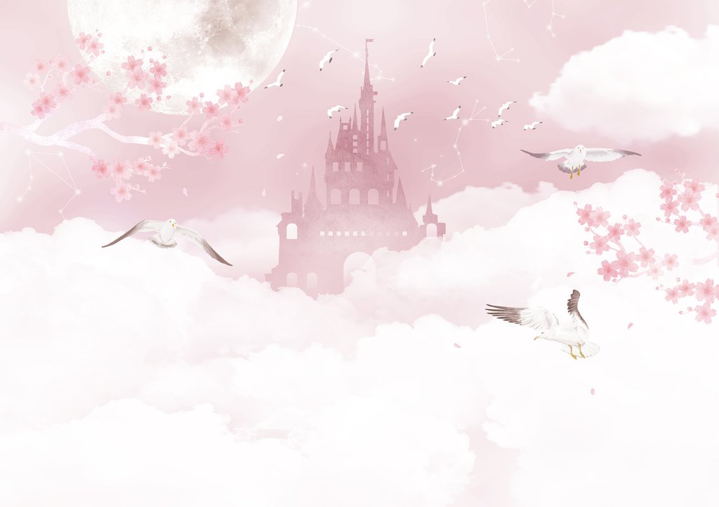 Castillo rosa entre nubes — diseño completo