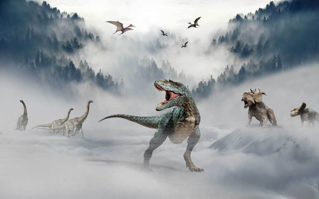 Dinosaurios en la niebla — diseño completo