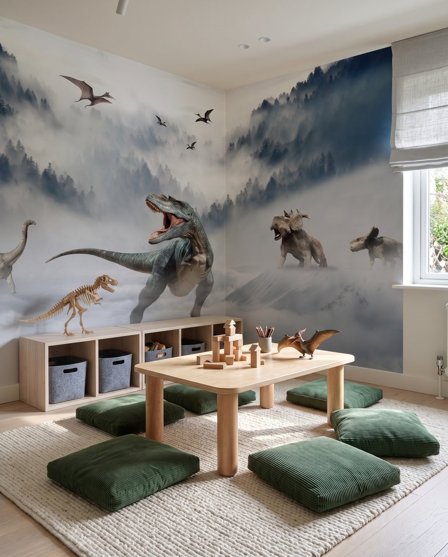 Dinosaurios en la niebla en un interior