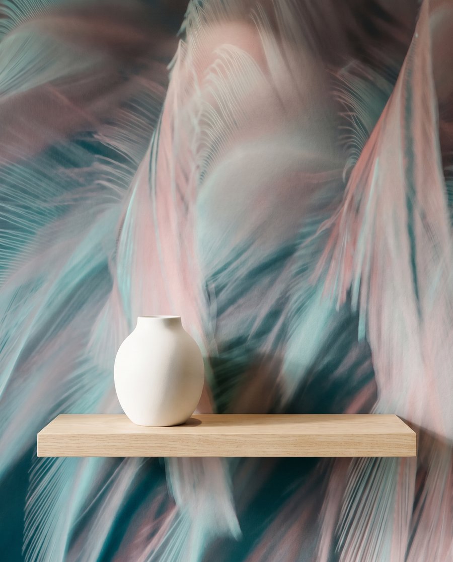Plumas rosas y turquesas — detalle