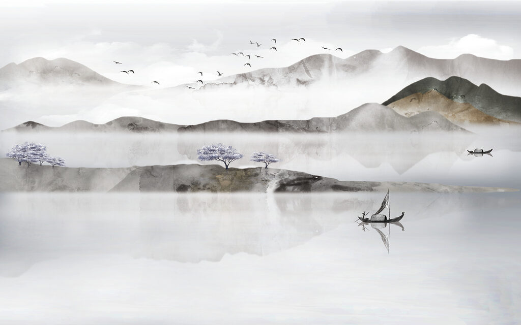 Reflejo entre montañas pálidas — diseño completo