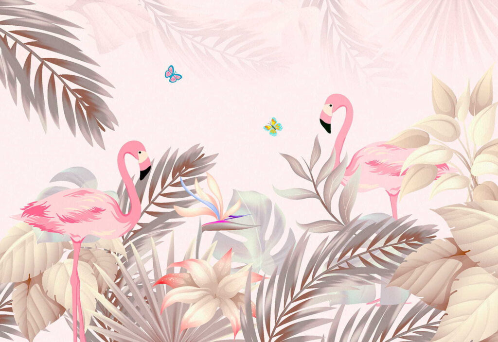 Flamencos entre hojas suaves — diseño completo