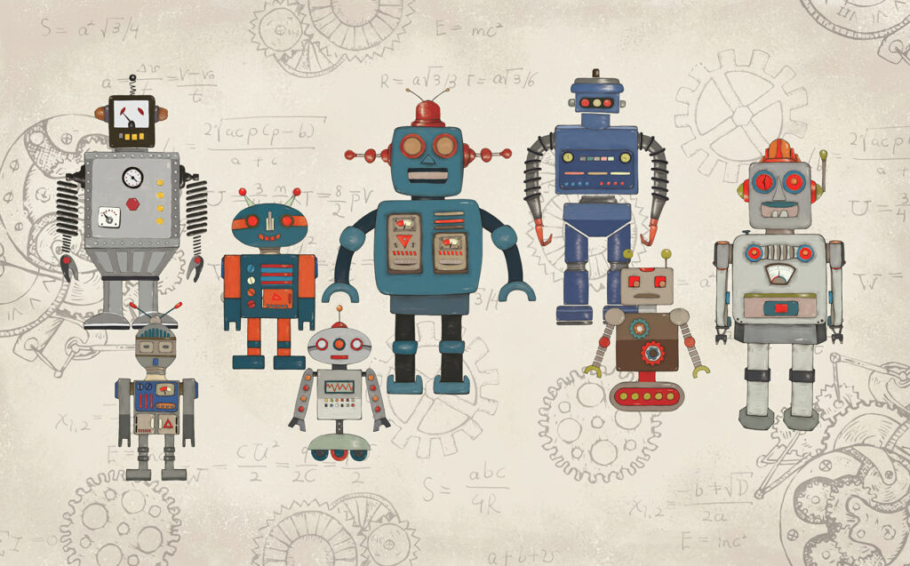 Robots sobre planos antiguos — diseño completo