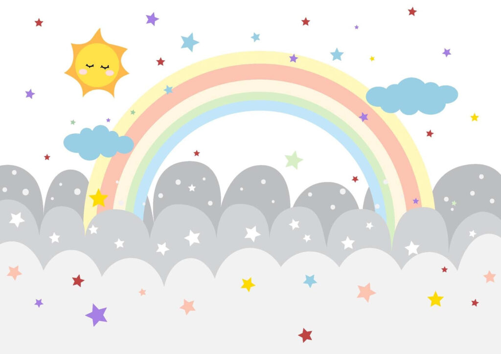 Arcoíris sobre nubes redondas — diseño completo