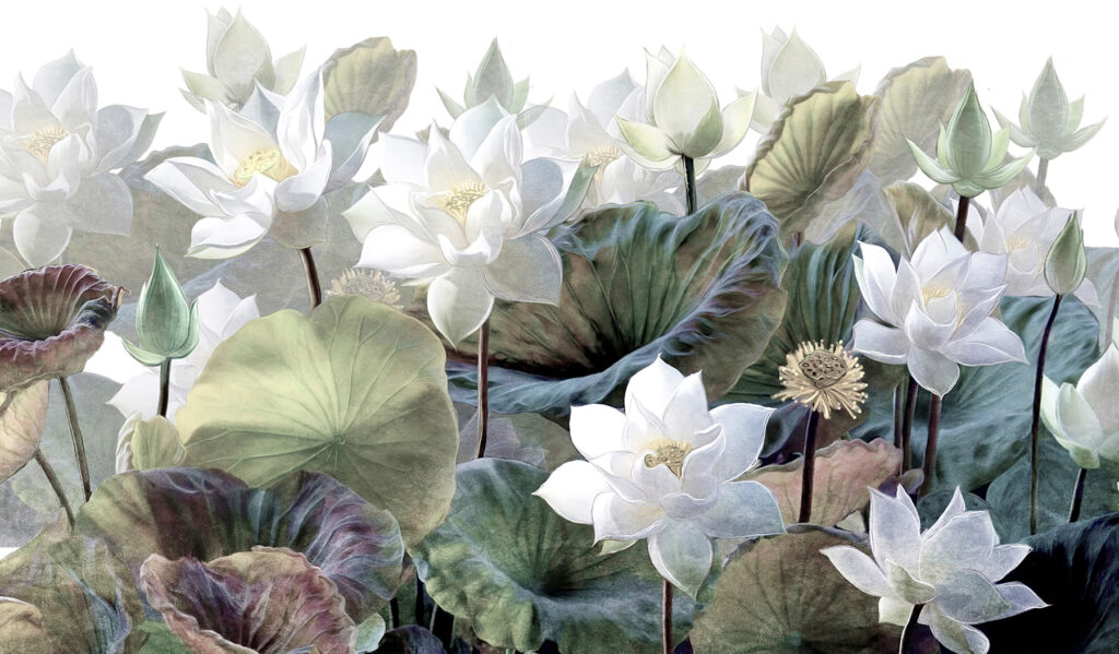 Loto blanco entre hojas — diseño completo
