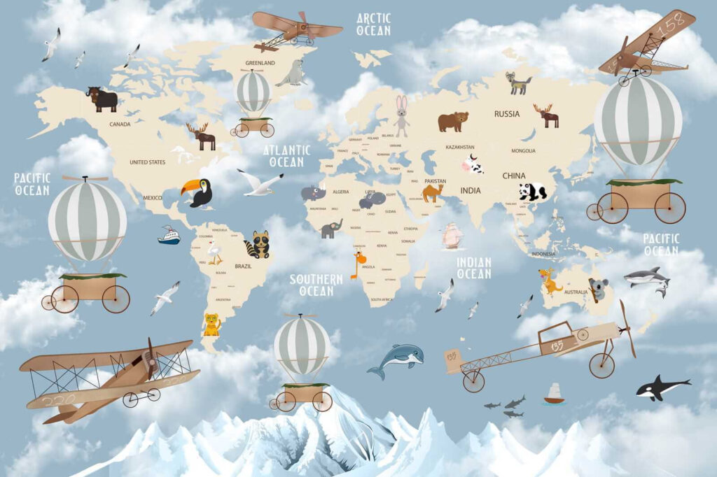 Mapa mundi y globos — diseño completo