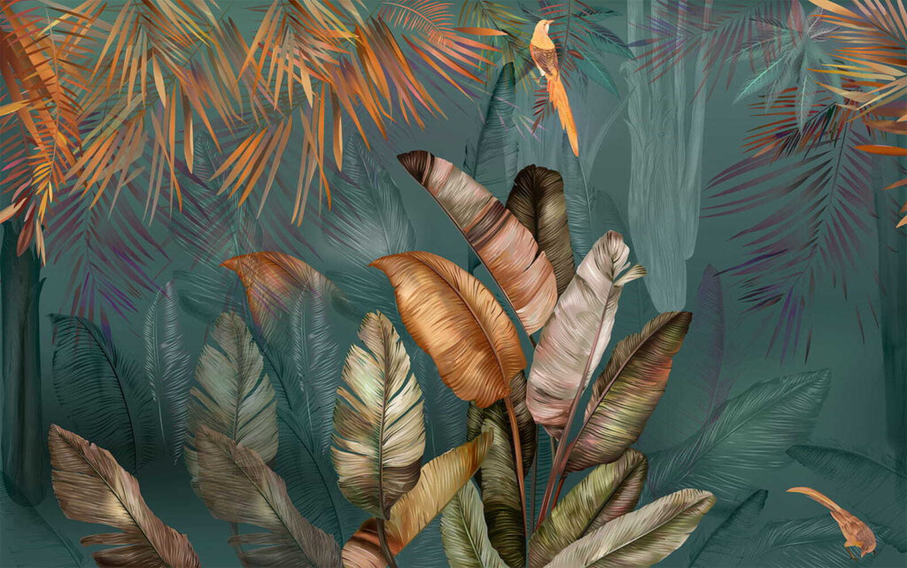 Hojas tropicales y aves — diseño completo