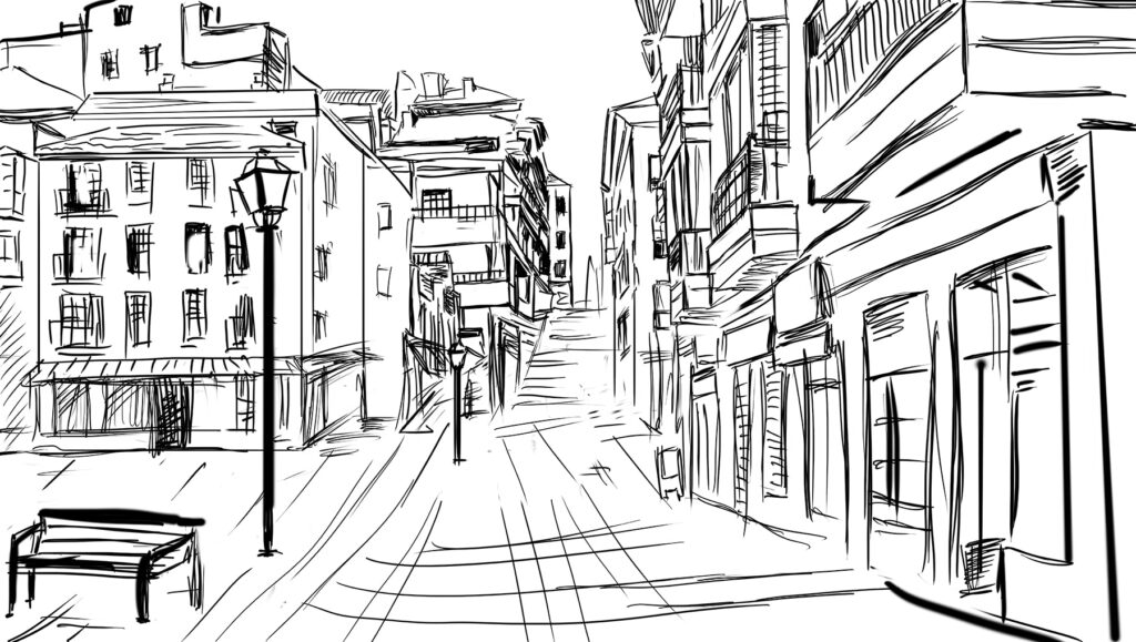 Calle en boceto — diseño completo
