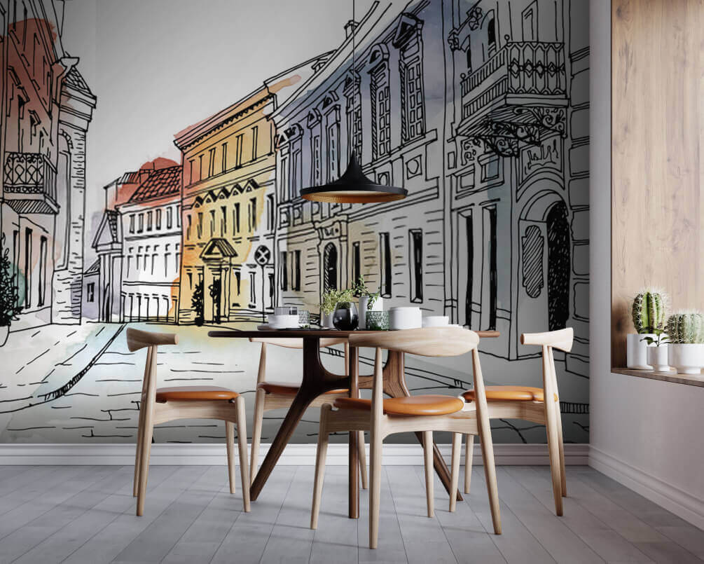 Casas en tonos pastel en un interior