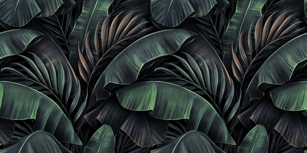 Hojas tropicales sobre negro — diseño completo