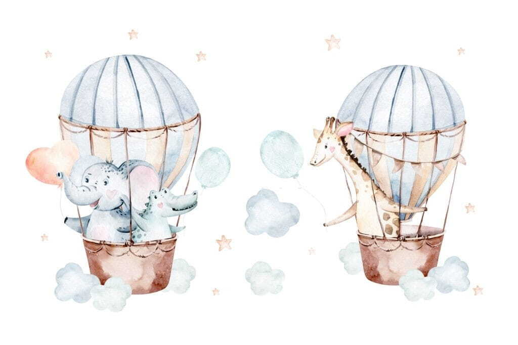 Animales en globos pastel — diseño completo