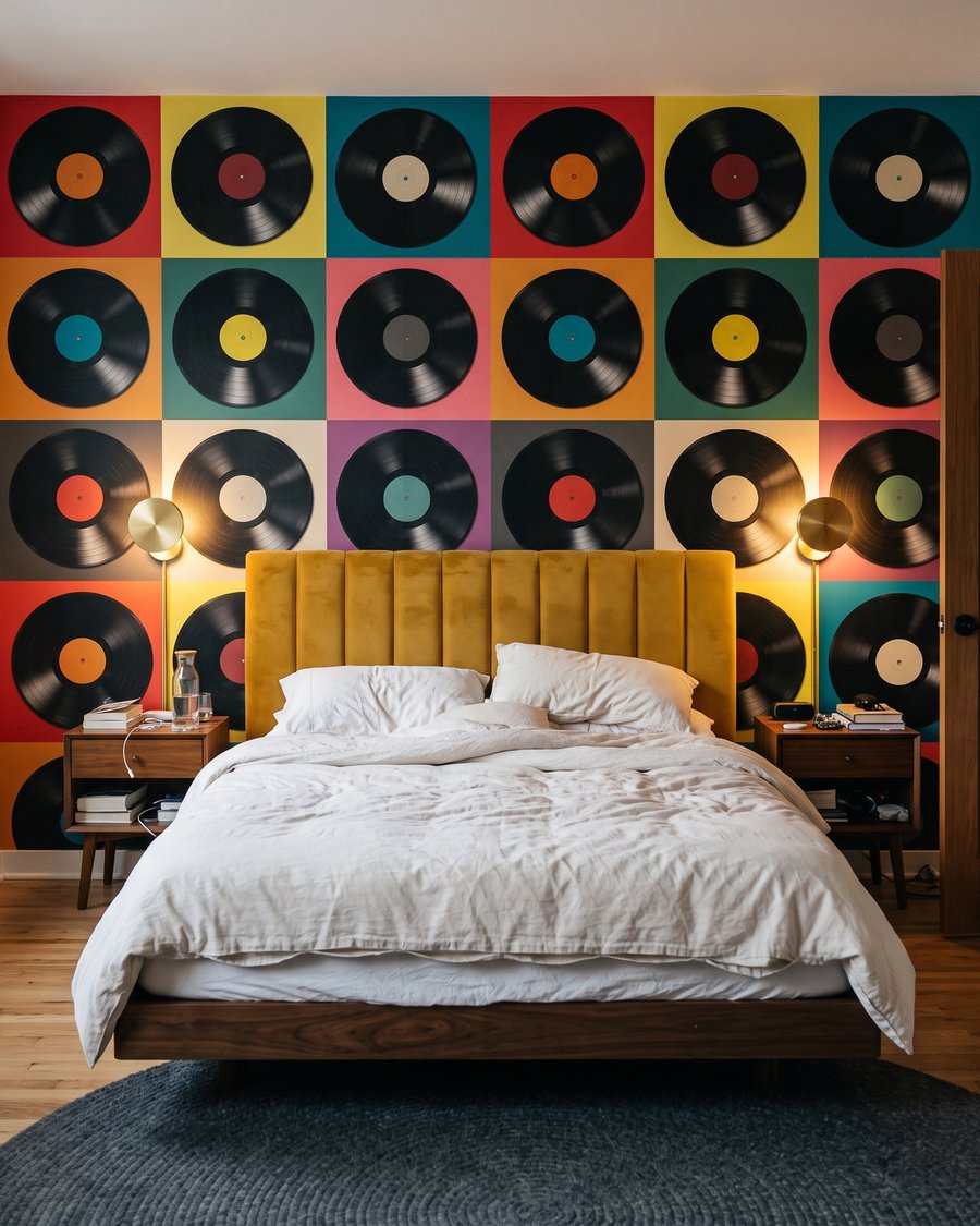 Discos de vinilo coloridos en un interior