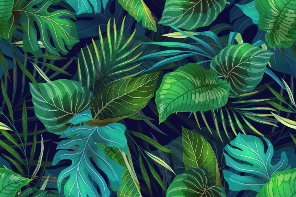 Hojas tropicales en azul — diseño completo