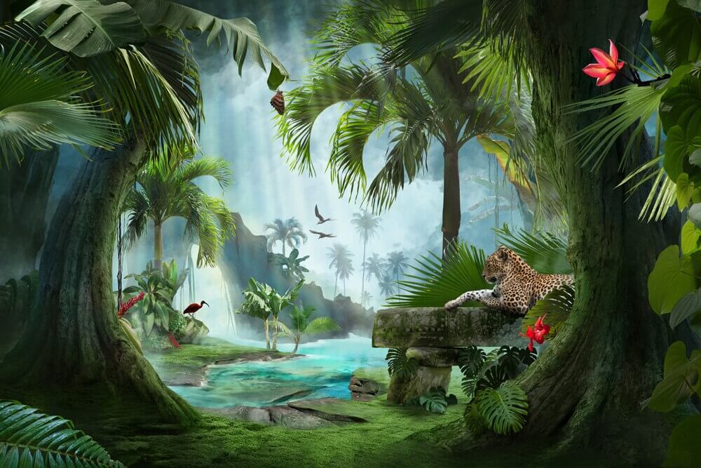 Valle tropical entre troncos — diseño completo