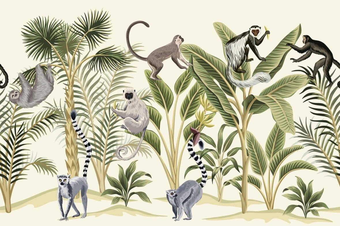Monos entre palmeras dibujadas — diseño completo