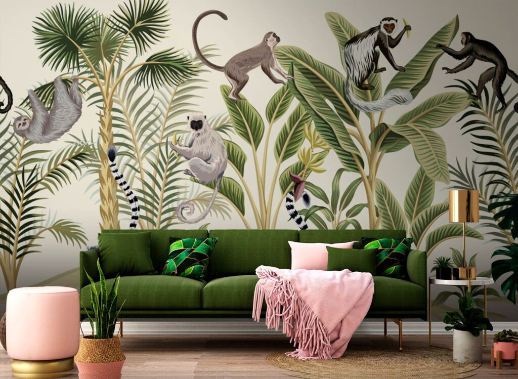 Monos entre palmeras dibujadas — interior 1