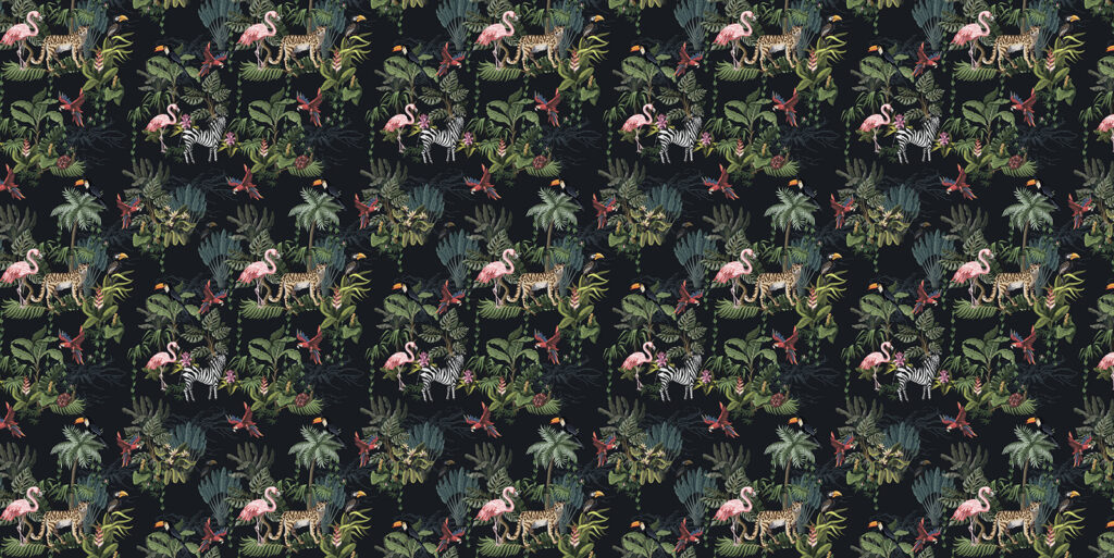 Flamencos en jardín nocturno — diseño completo