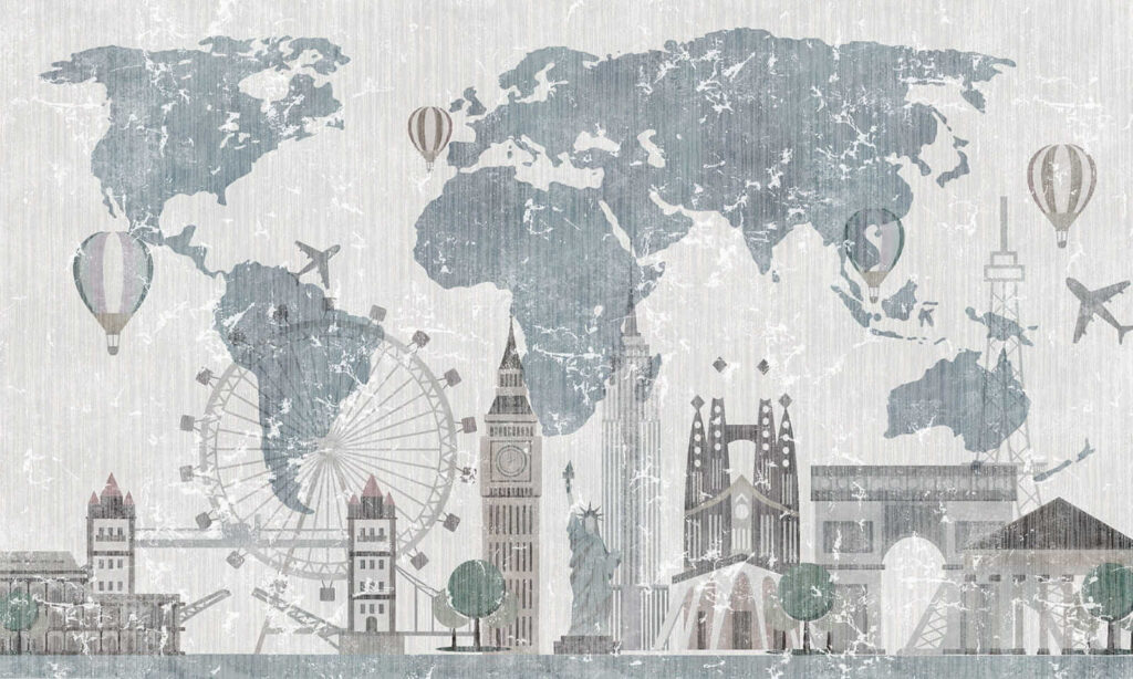 Mapa mundi con monumentos — diseño completo