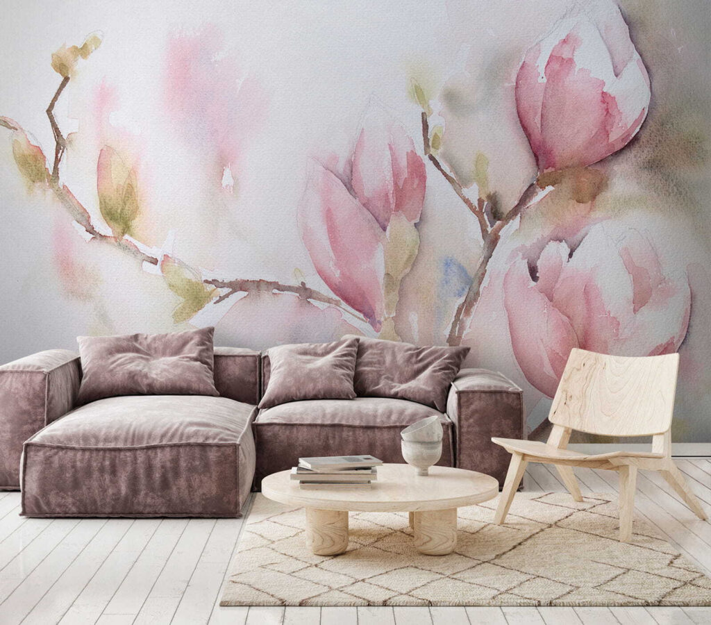 Magnolia en acuarela rosa en un interior