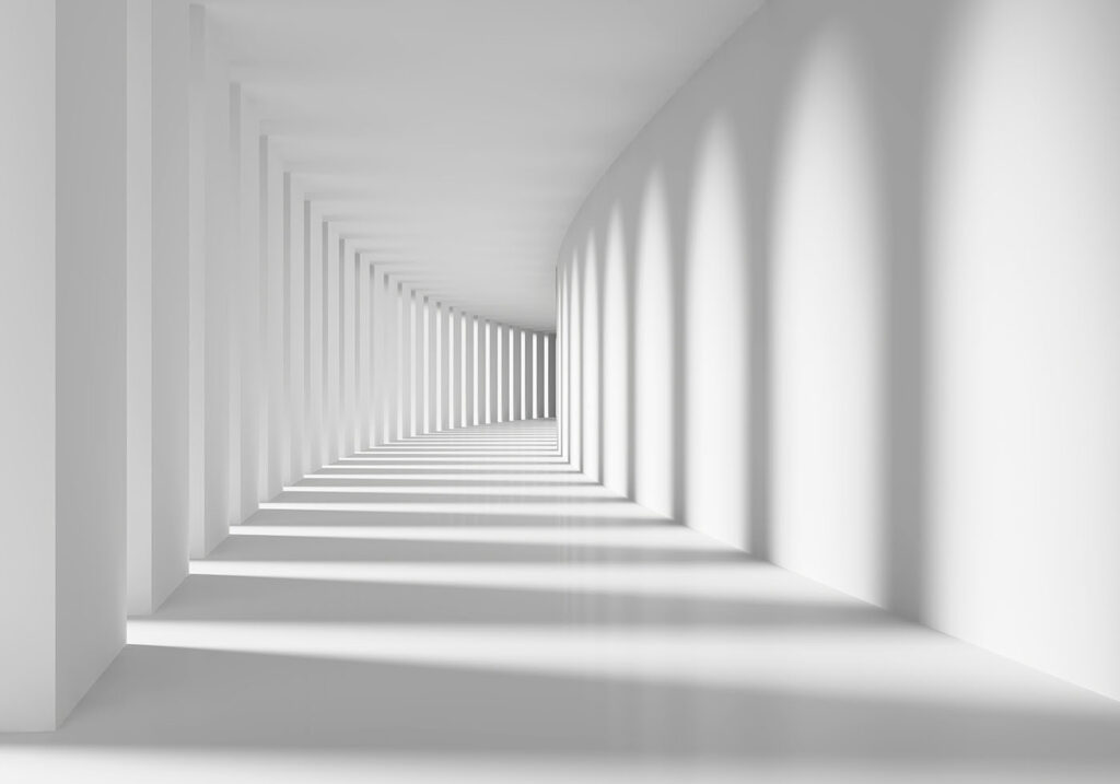 Pasillo blanco con sombras — diseño completo