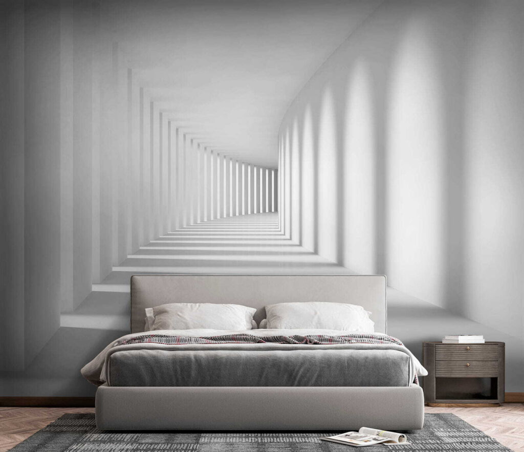 Pasillo blanco con sombras — interior 3