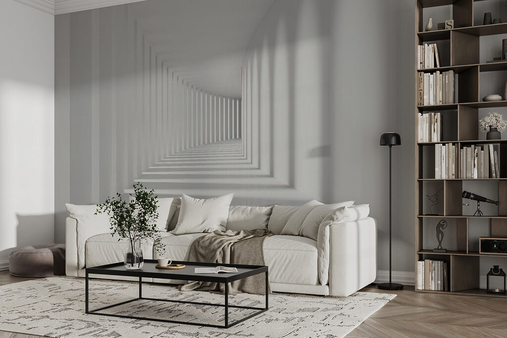 Pasillo blanco con sombras — interior 11