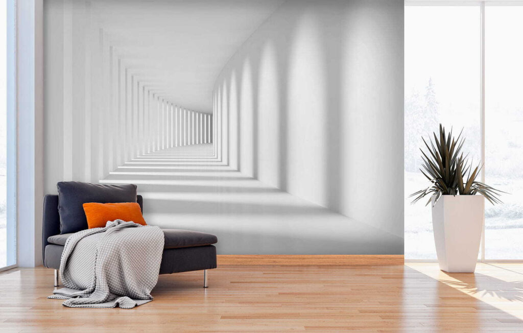 Pasillo blanco con sombras — interior 5