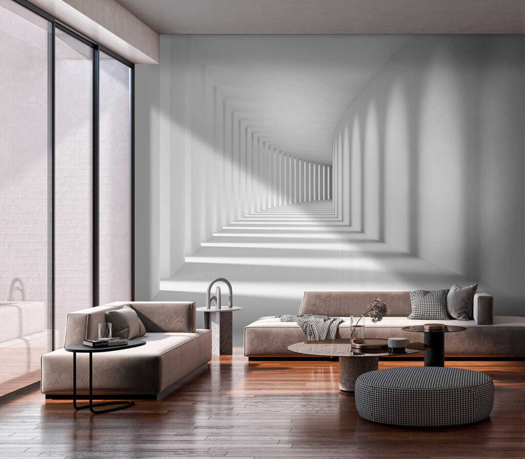 Pasillo blanco con sombras en un interior