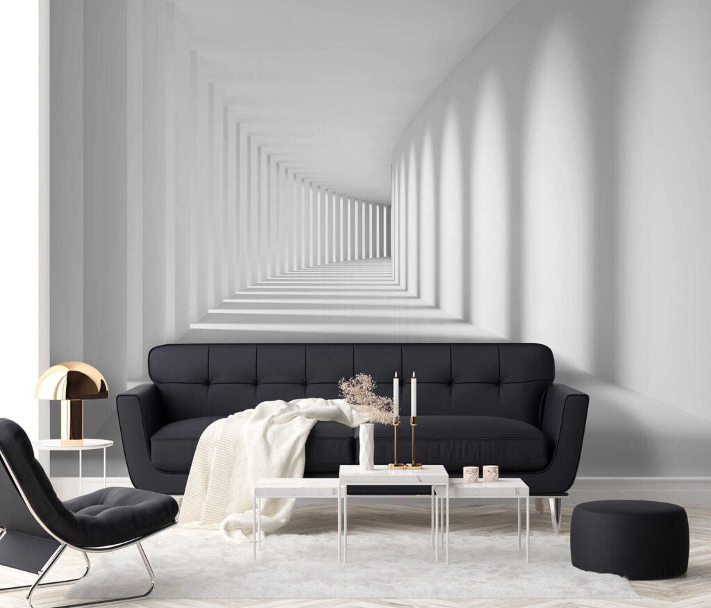 Pasillo blanco con sombras — interior 8