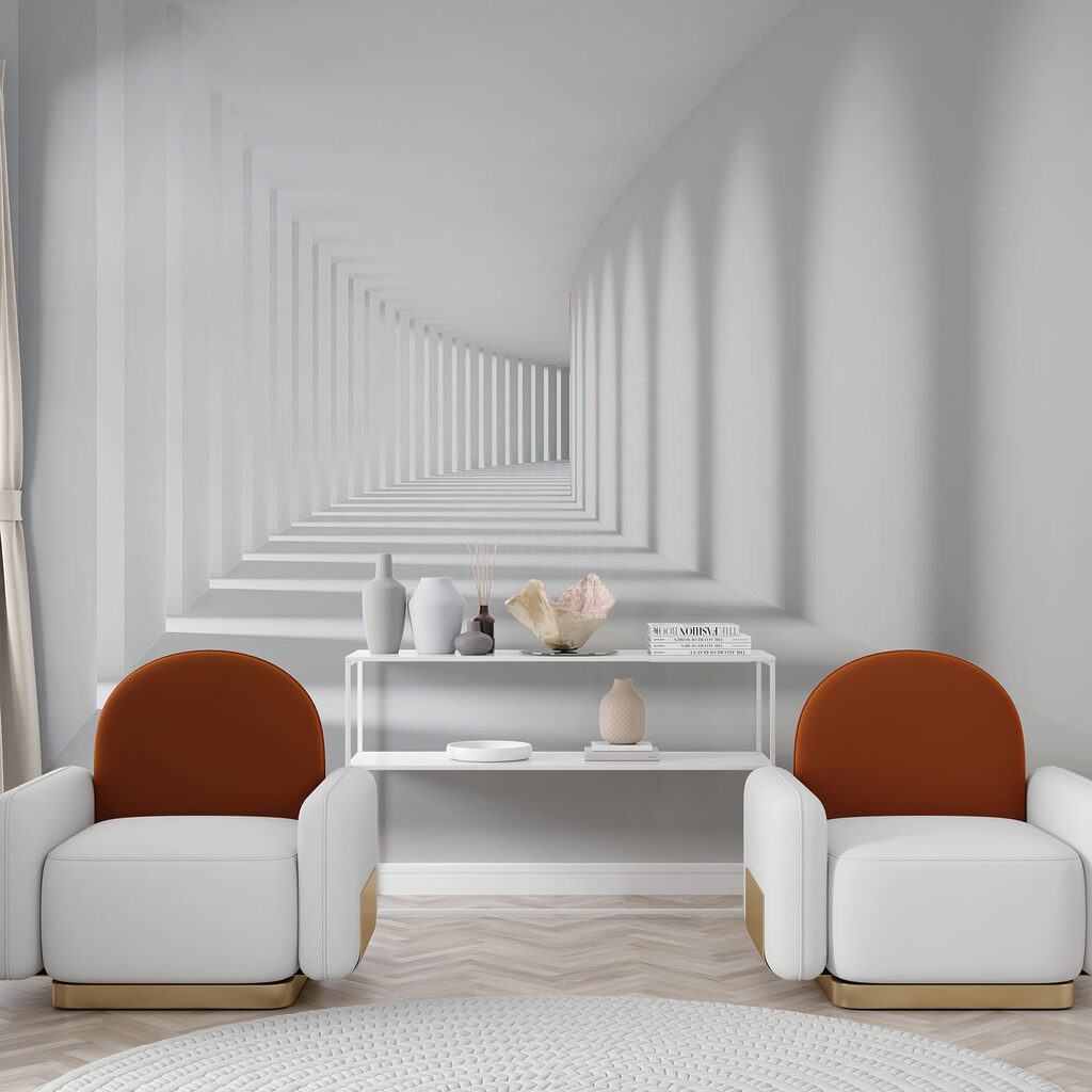 Pasillo blanco con sombras — interior 12
