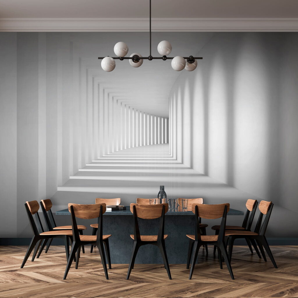 Pasillo blanco con sombras — interior 10