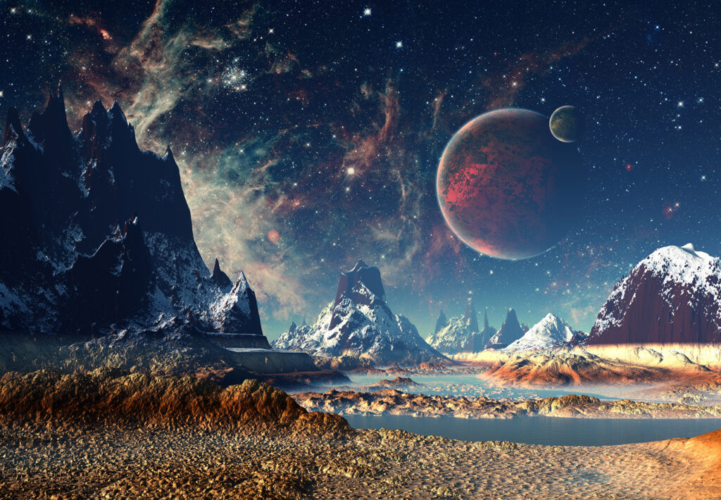 Planetas sobre montañas — diseño completo