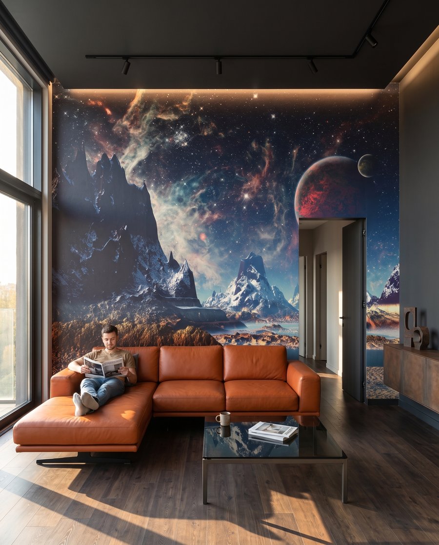 Planetas sobre montañas en un interior