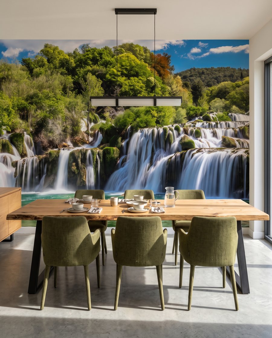 Poza verde bajo cascadas en un interior