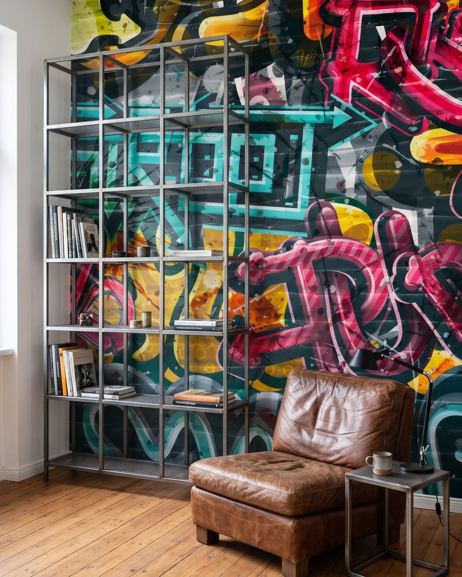 Muro lleno de graffiti en un interior